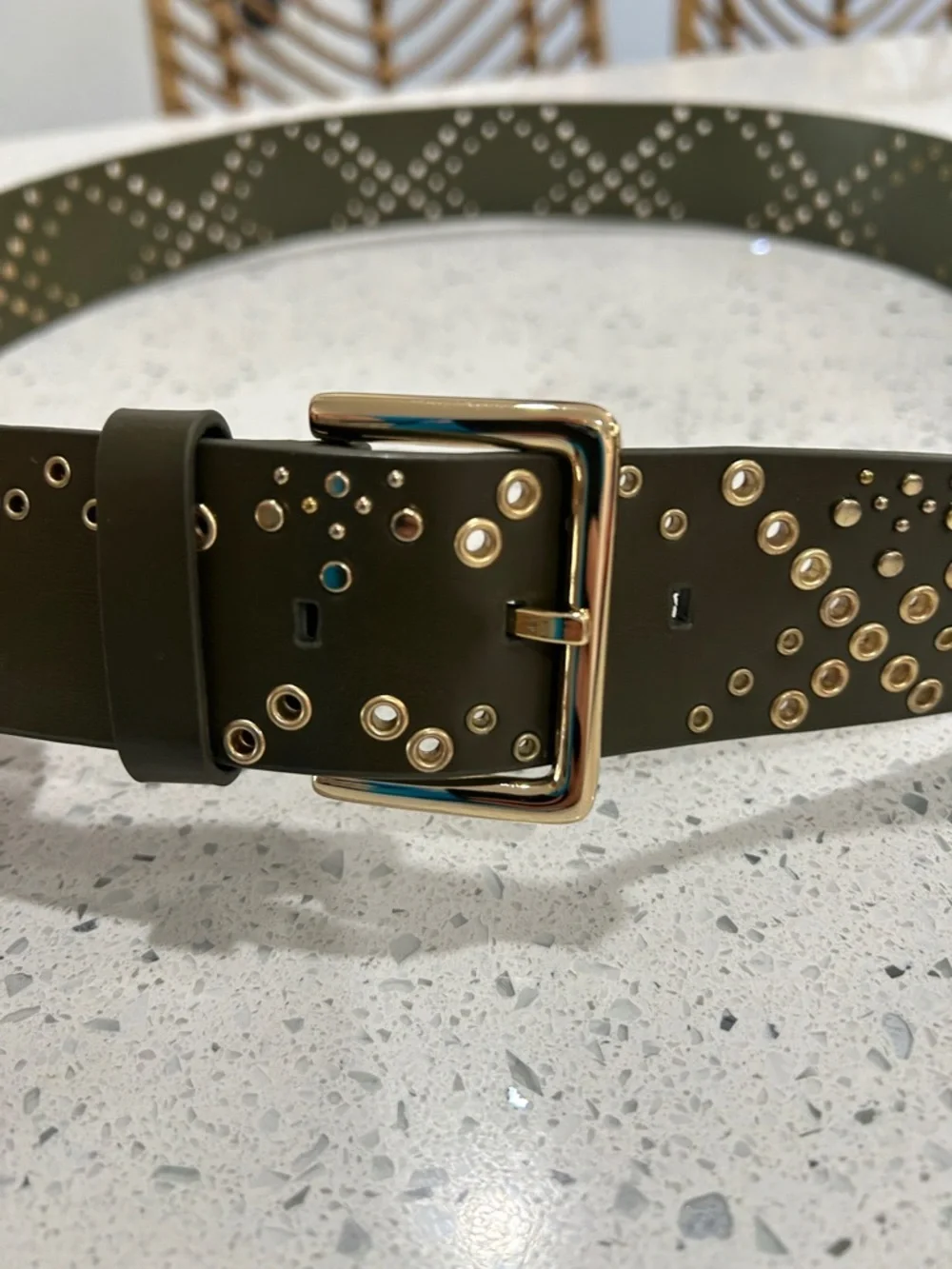 NWOT Rebecca Minkoff Olive Green Leather Studded Grommet Gold Hardware Belt - L